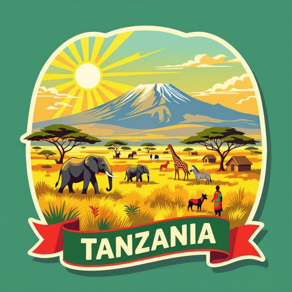 Tanzania Travel Sticker: Serengeti Landscape with Wildlife