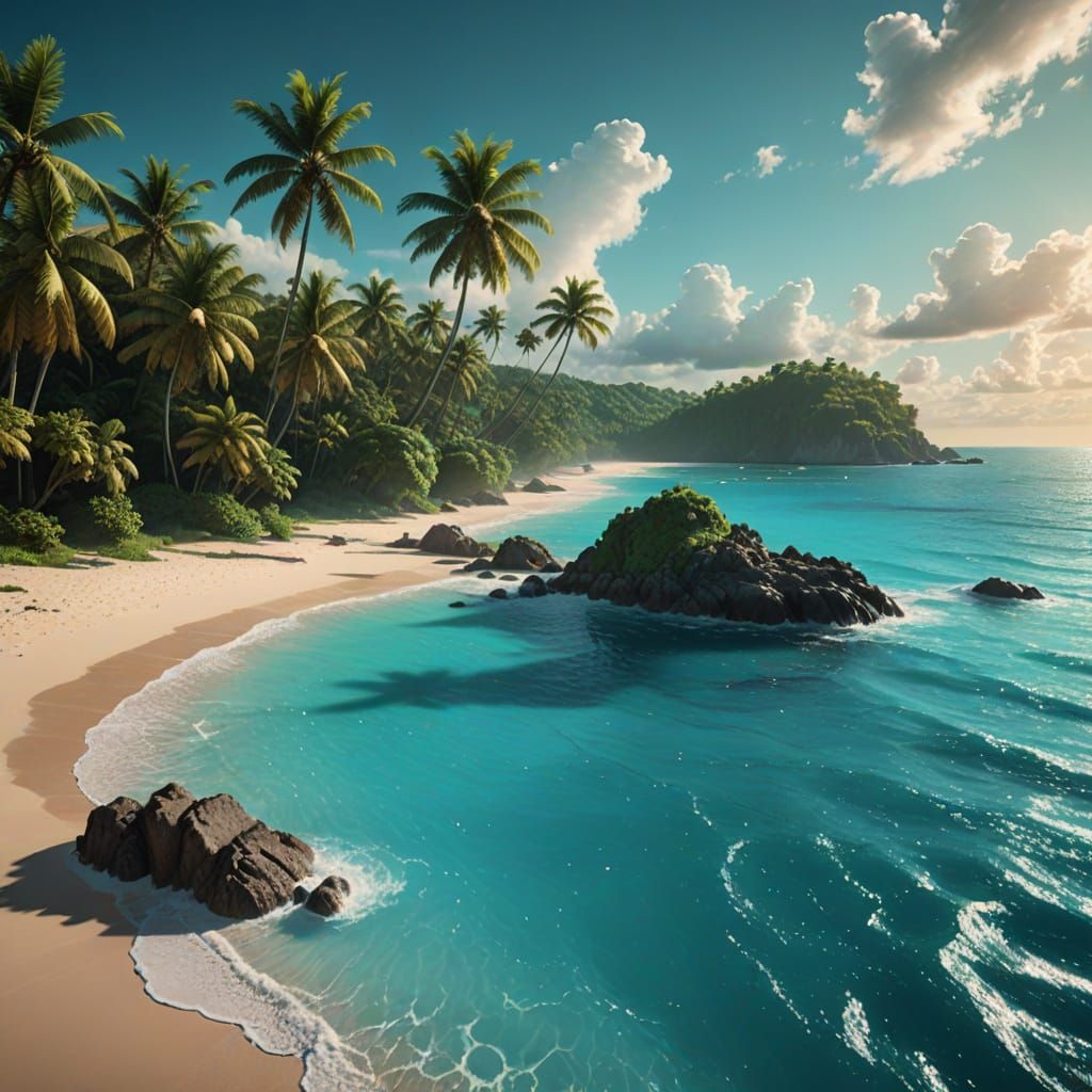 Glowing Turquoise Waters on Tropical Beaches: Digital Painti...