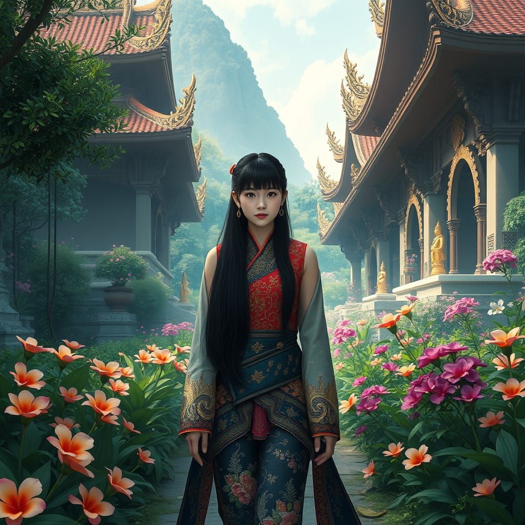 Mystical Temple Encounter in Traditional Thai Attire
