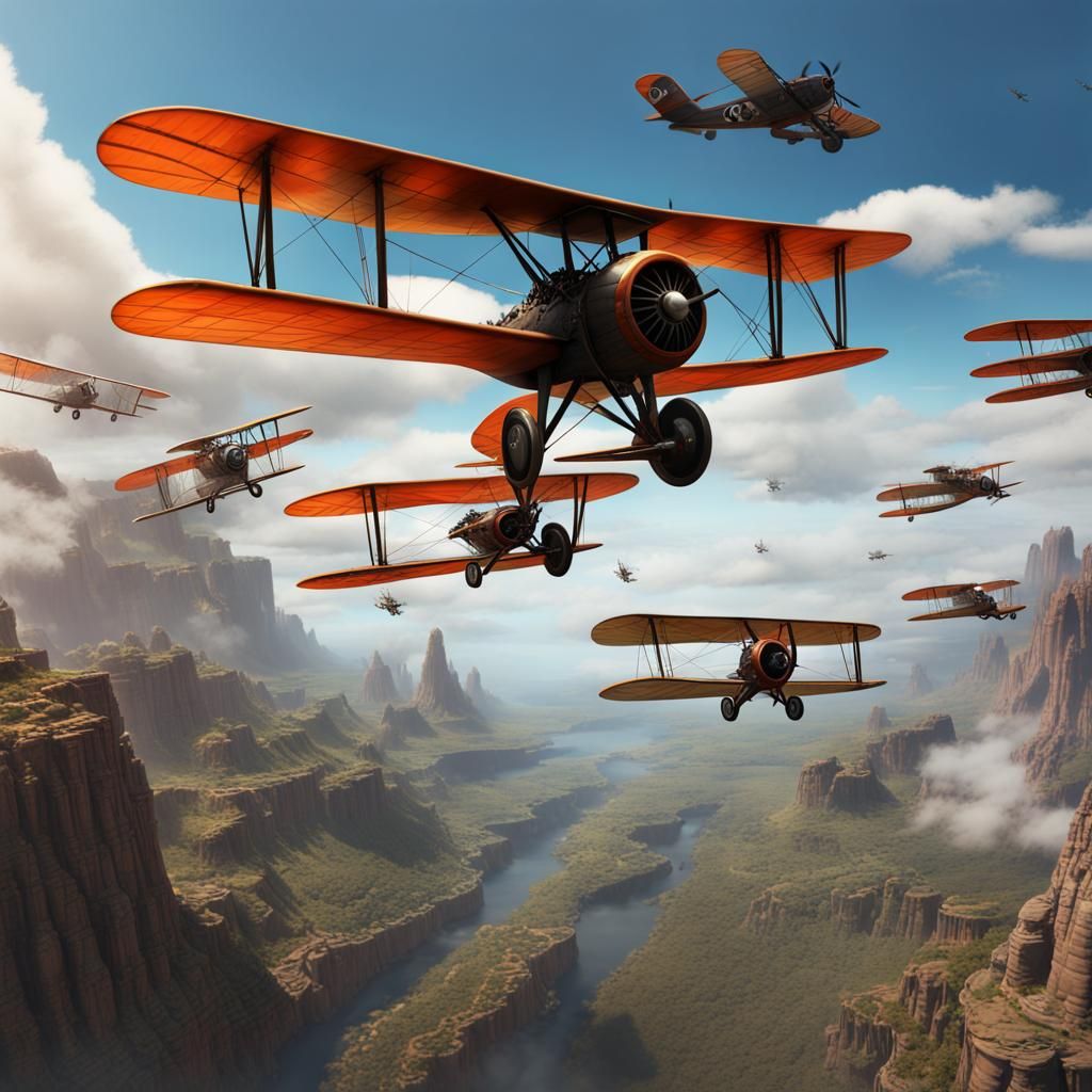 Biplanes Lead Squadron into War, Detailed Matte Painting