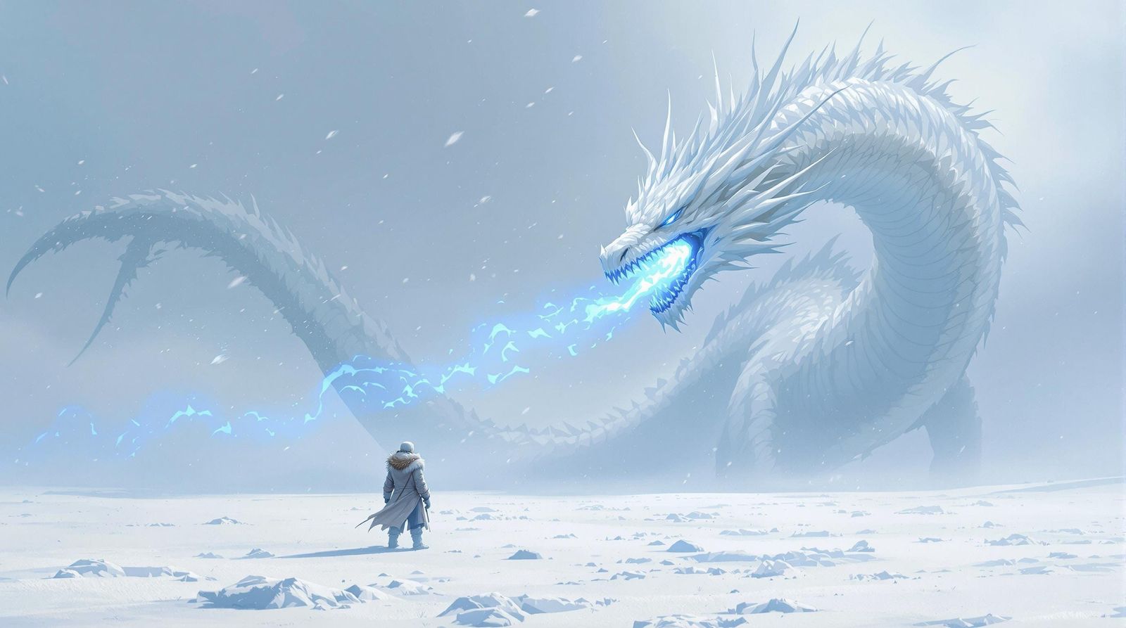Fantasy Adventurer Faces Majestic White Dragon in Snowy Wild...