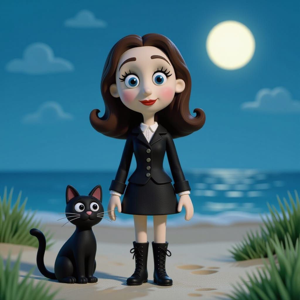 Claymation Girl with Black Cat on Moonlit Beach