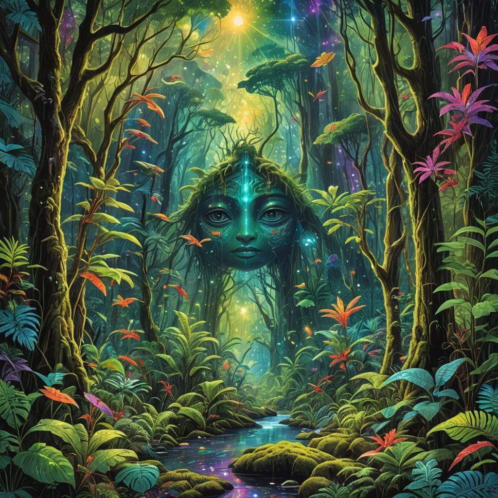 Cosmic Quinault Rainforest: Holographic Astral Illustration