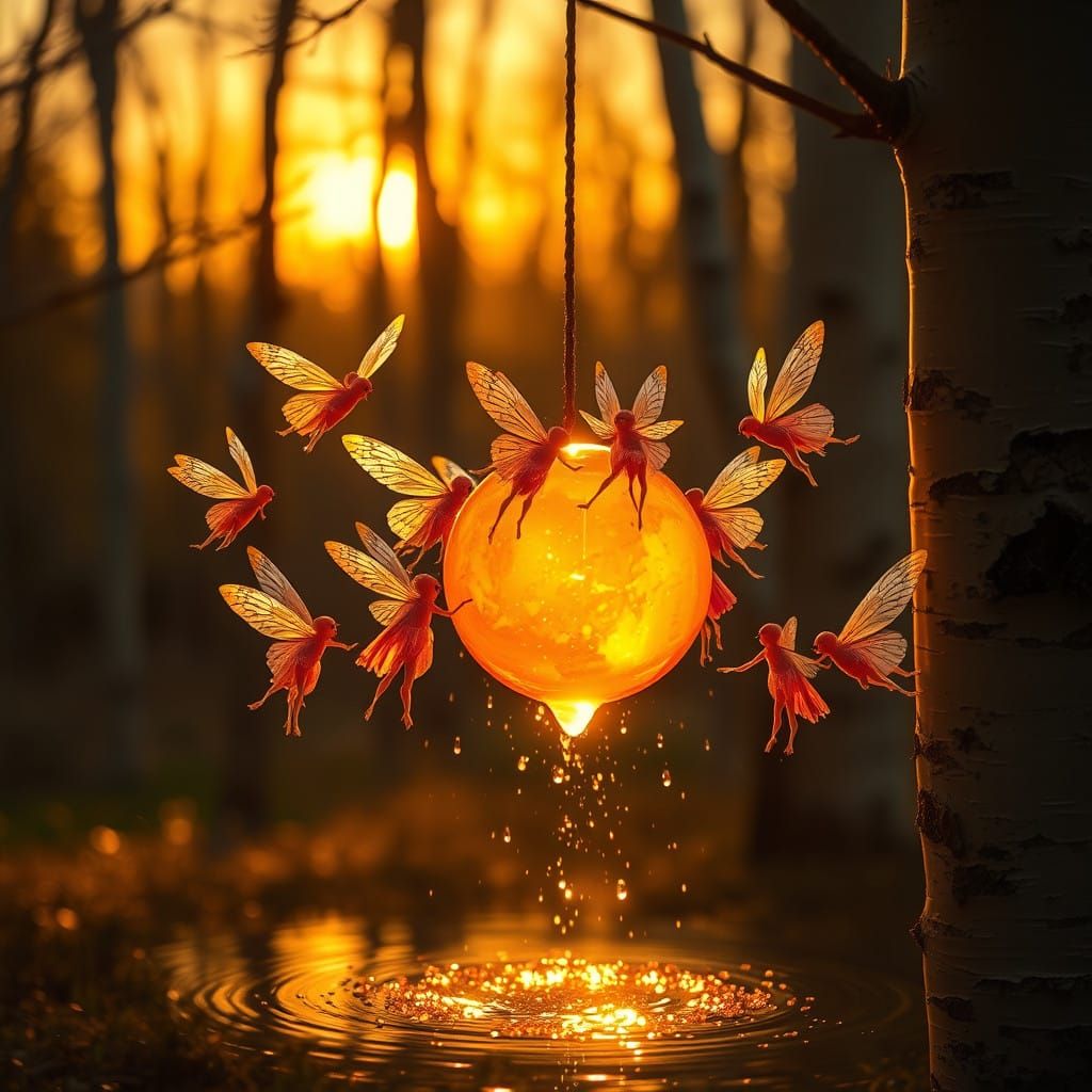 Ethereal Faeries Gather Around Glowing Blood Orange in Golde...