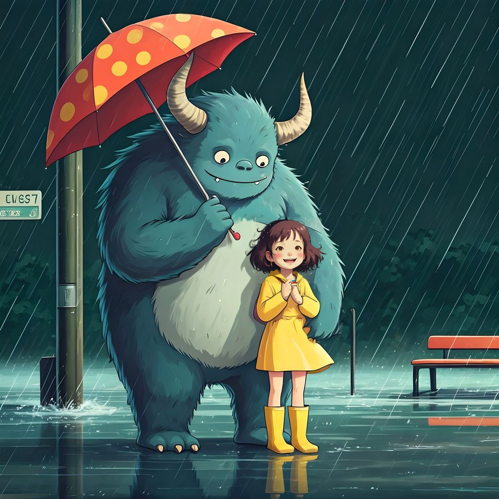 Whimsical Anime Monster Protects Girl from Rain