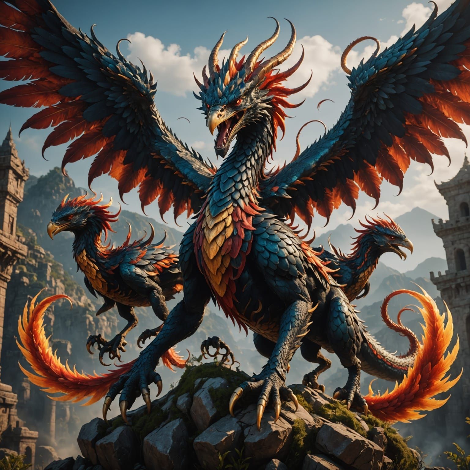 Fantastical Hydra with Phoenix Heads in Intricate 8K Detail