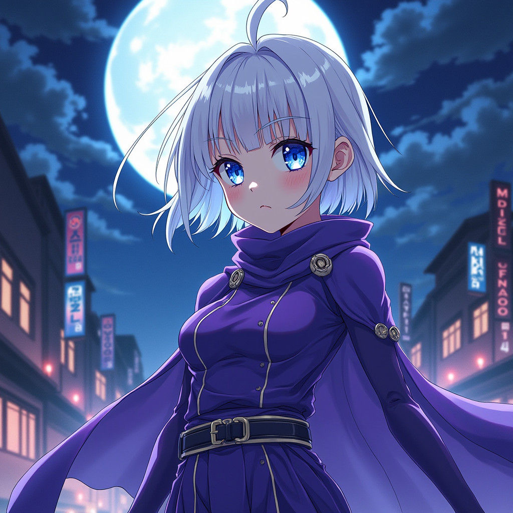 Anime Ninja Girl in Moonlit Cityscape