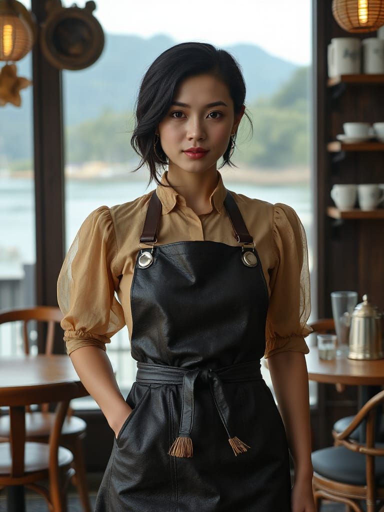 Vietnamese Woman in Steampunk Style Vintage Coffee Shop
