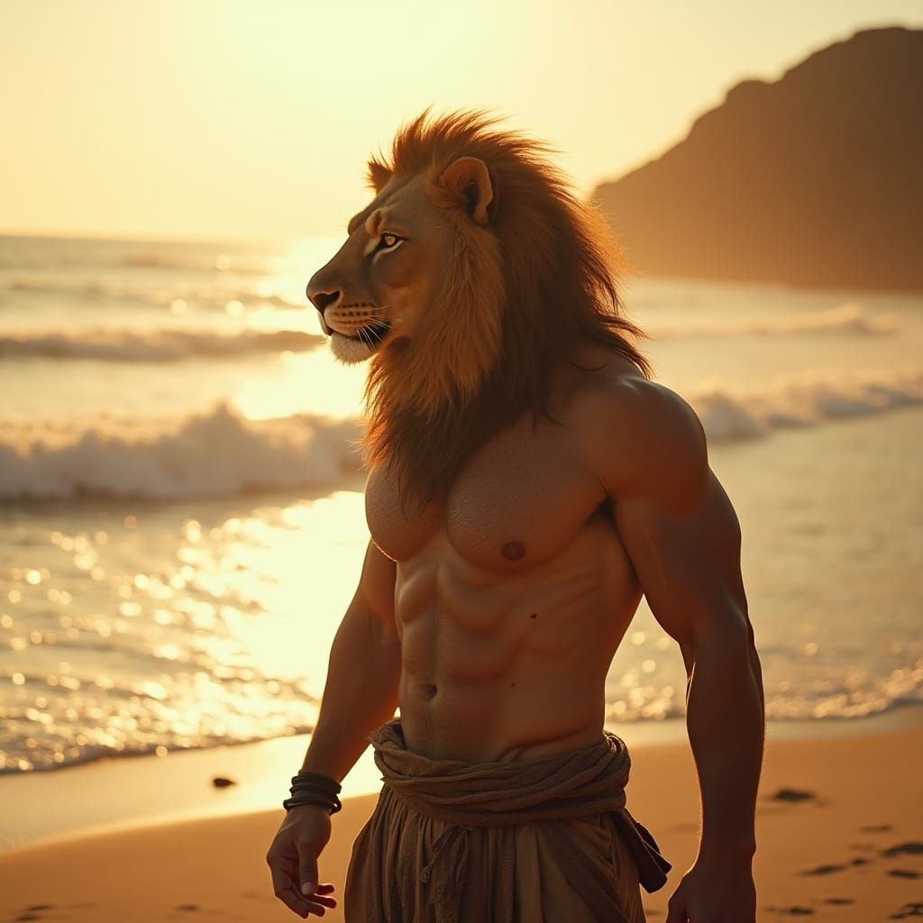 Lion-Headed Hero on Sun-Kissed Beach