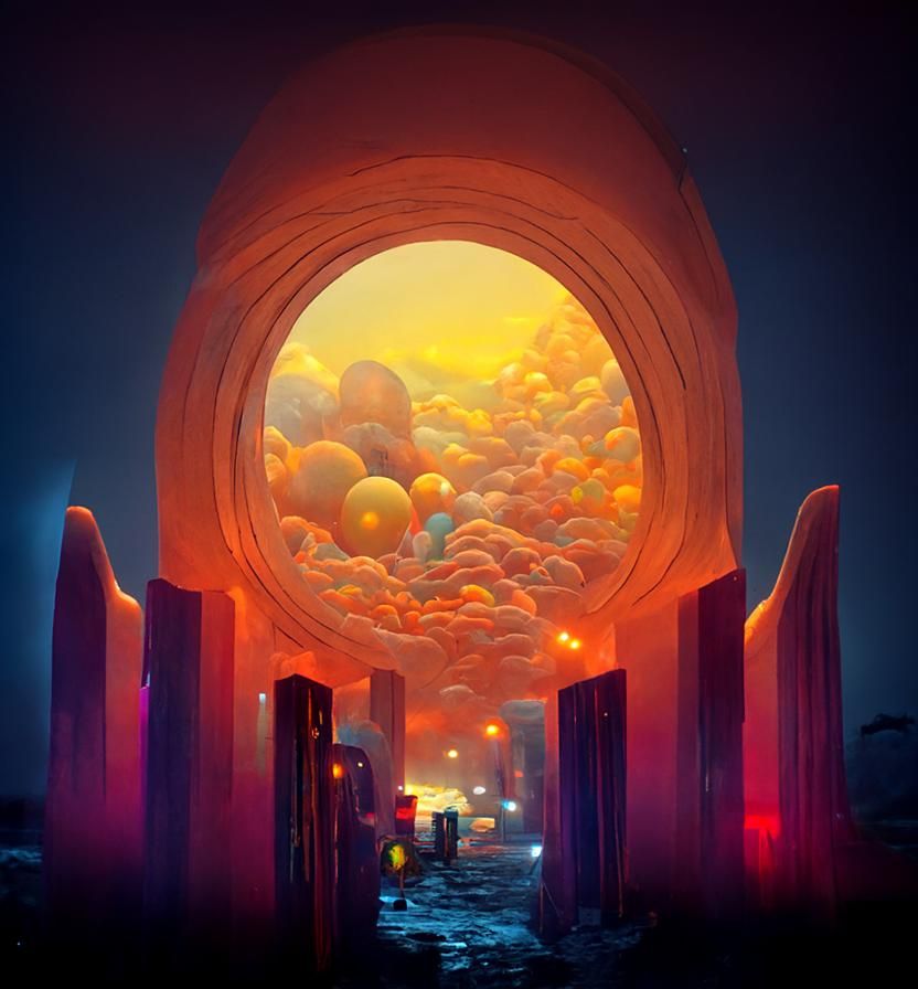 Neon Cyberpunk Portal Art in Kinetic Pointillism Style