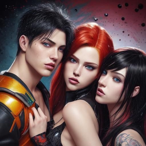 Hyperrealistic Threesome Portrait with Colorful Accents
