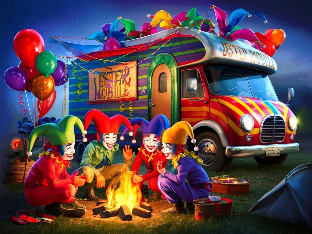 Whimsical Jester Family Camps Under a Starry Night Sky