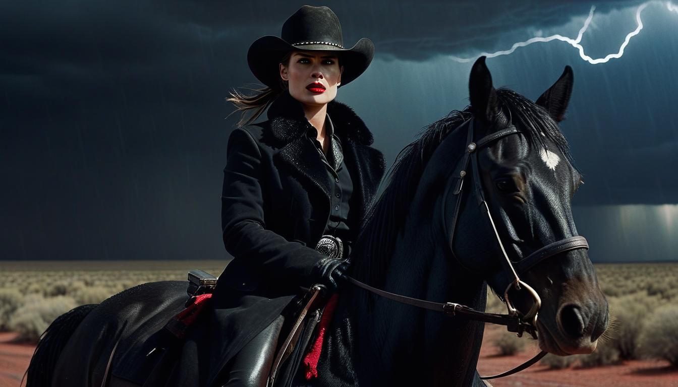 Western Outlaw on Stallion in Desert Storm