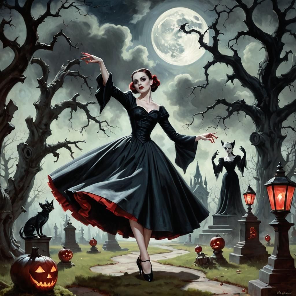 Vampire Ballerina Dance in Graveyard, Gil Elvgren Style