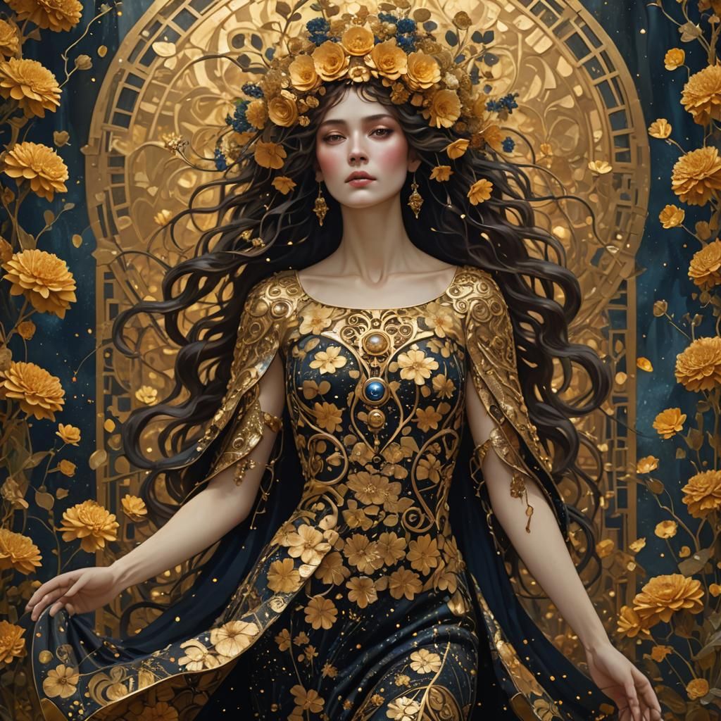 Goddess in Golden Floral Dress, Klimt Style