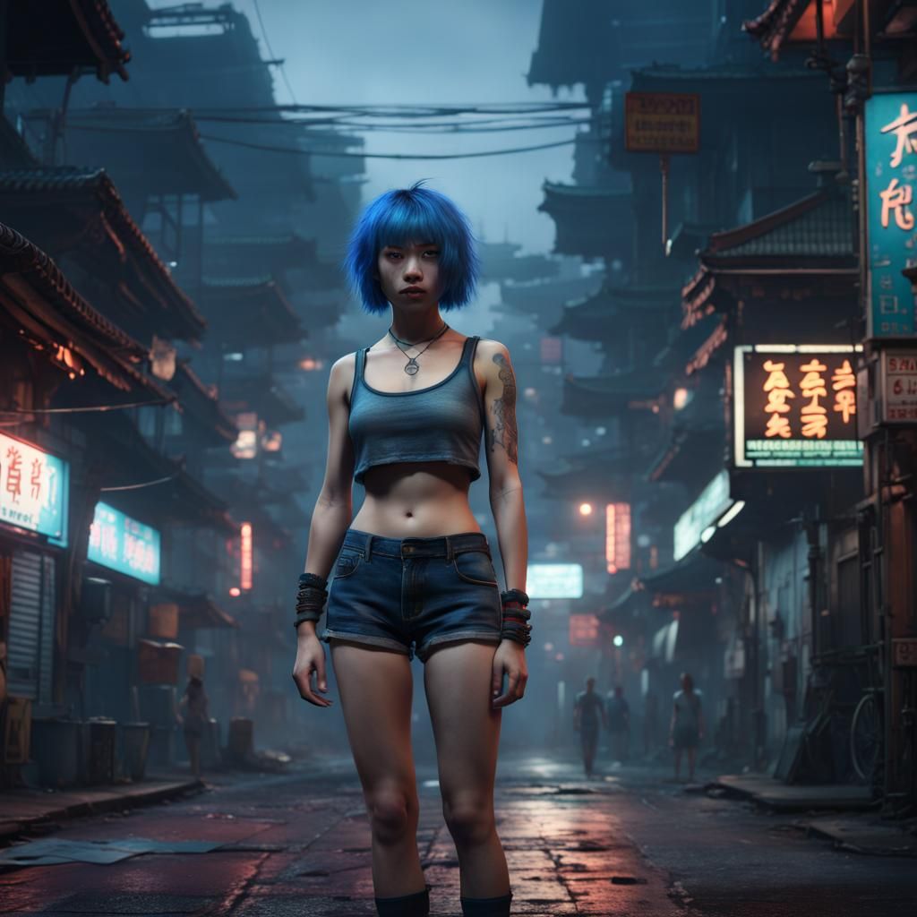 Blue-Haired Girl in Cyberpunk Chinatown Street