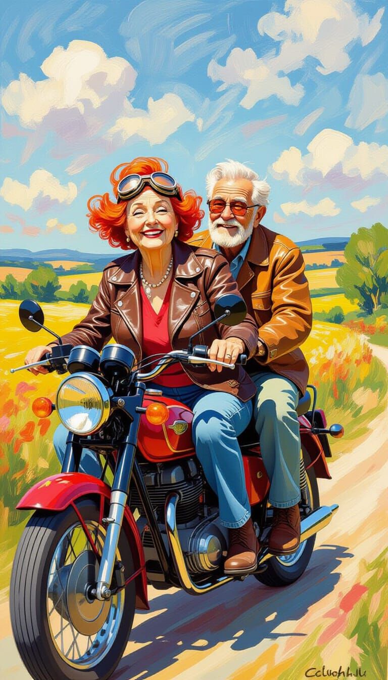Red-Haired Woman on Motorbike in Impressionistic Style