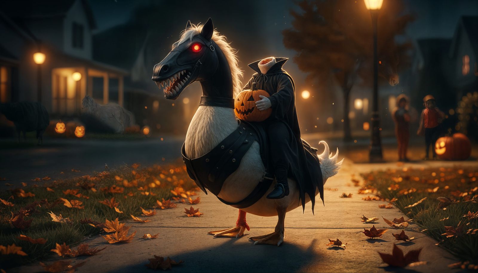 Duck as Headless Horseman in Halloween Scene
