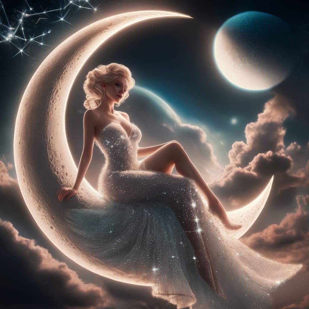 Celestial Woman on Crescent Moon in Starry Sky