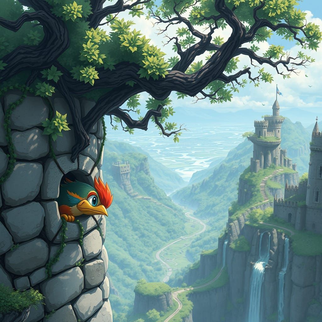 Whimsical Bird in Ancient Fortress