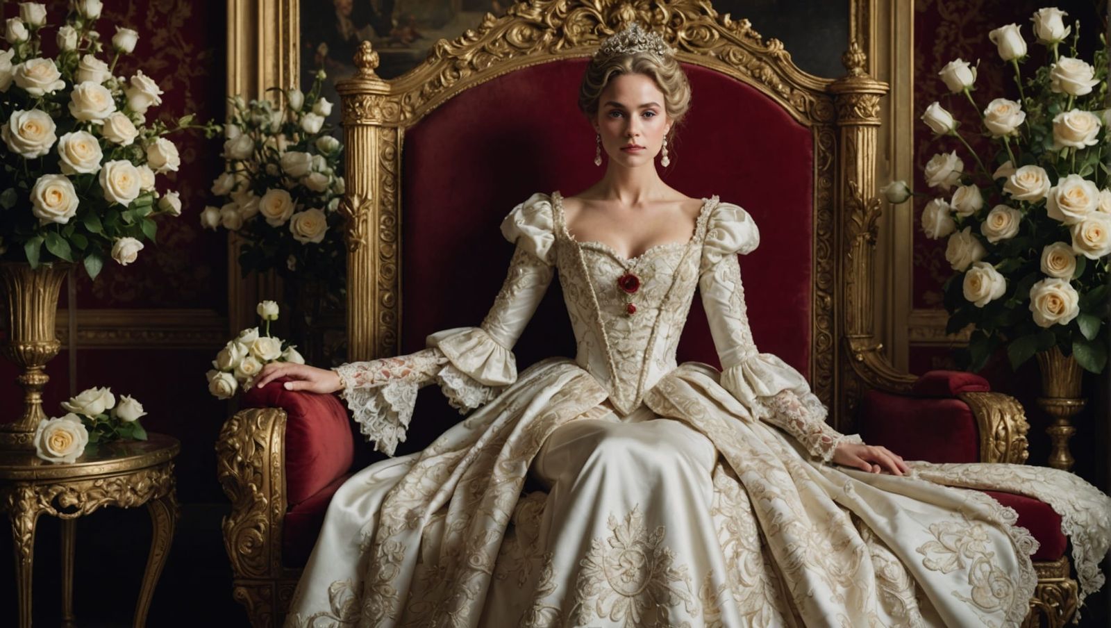 Regal Woman in Rococo Gown with Flowers