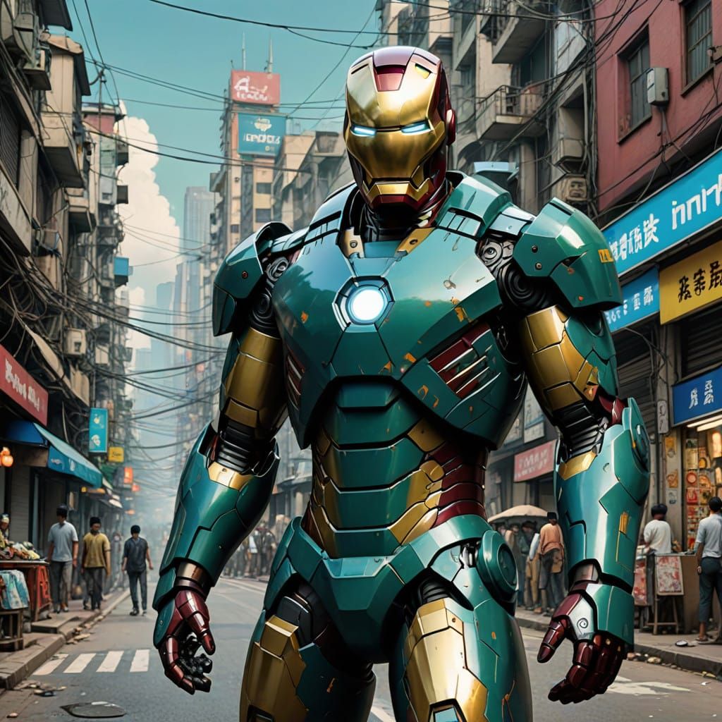 Iron Man in Vibrant Brazilian Colors Amidst Bangladeshi Stre...
