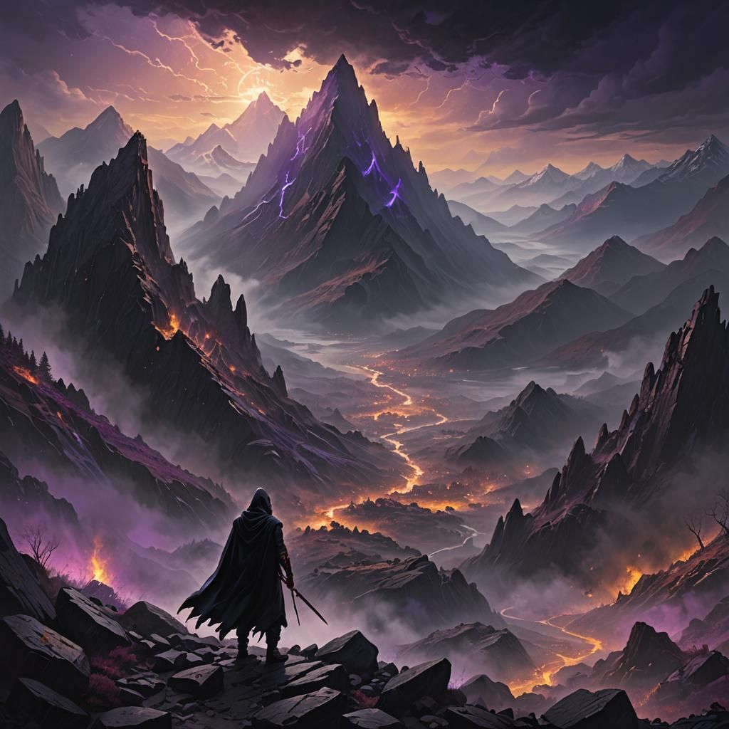 Hero Emerges from Mist in Dark Fantasy Landscape