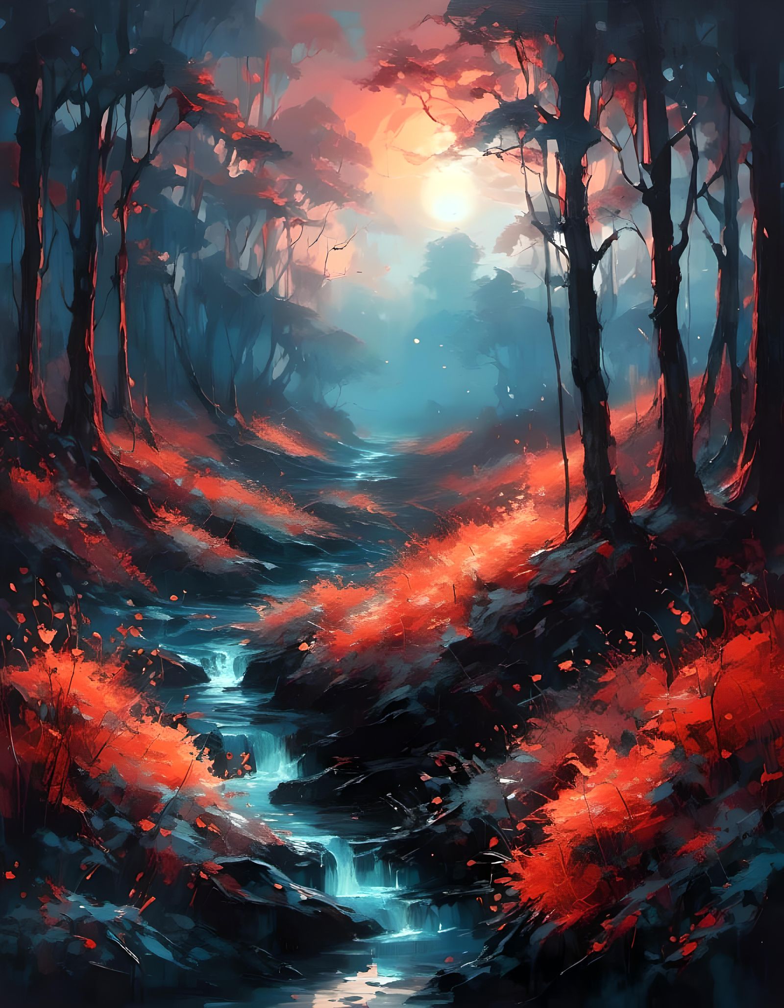 Ethereal Forest Path at Sunset in Watercolor Style