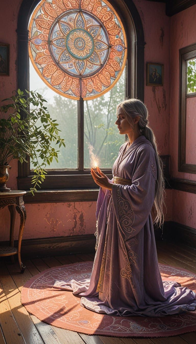 Mystical Healer in Sunlit Sanctuary with Golden Light and Vi...