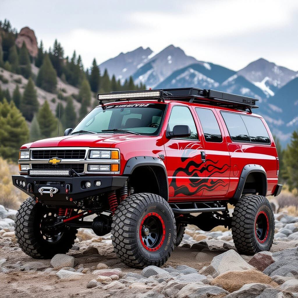1997 Red Chevy 4x4 Van Crawling Rocks