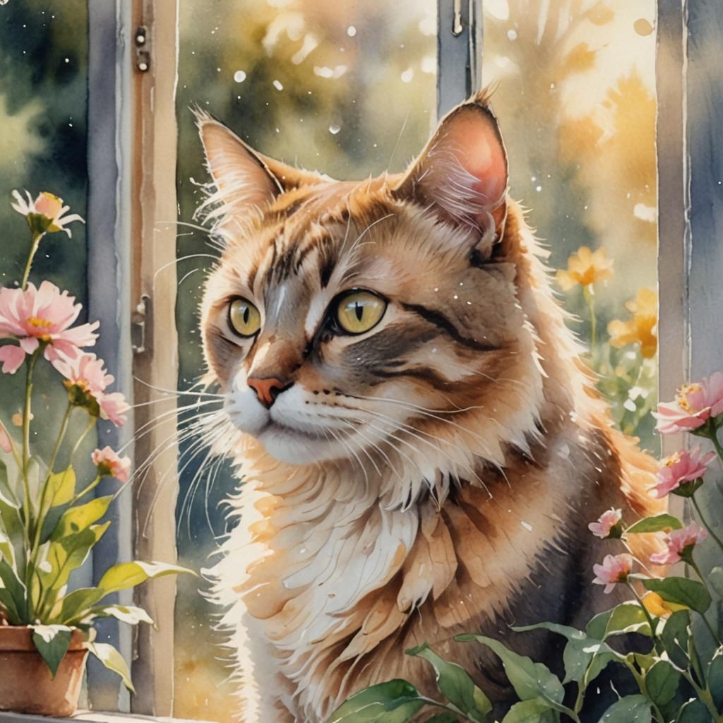 Cat Portrait in Watercolor Style with Golden Sunlight
