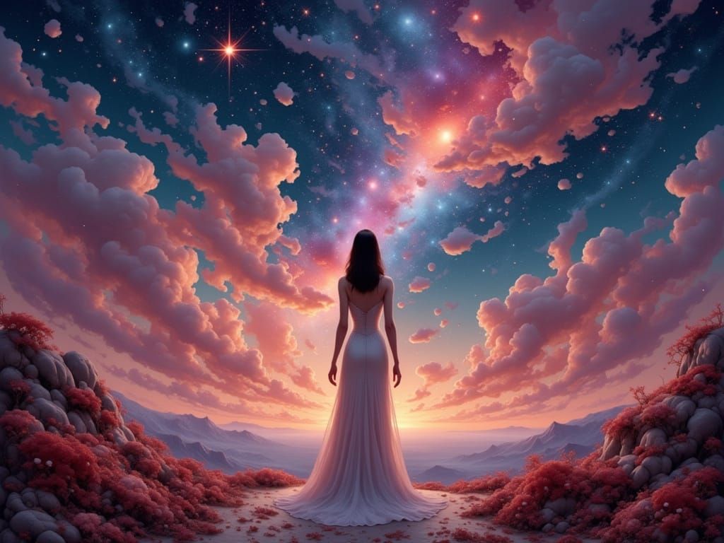 Woman Gazing at Fiery Sky in Sci-Fi Landscape