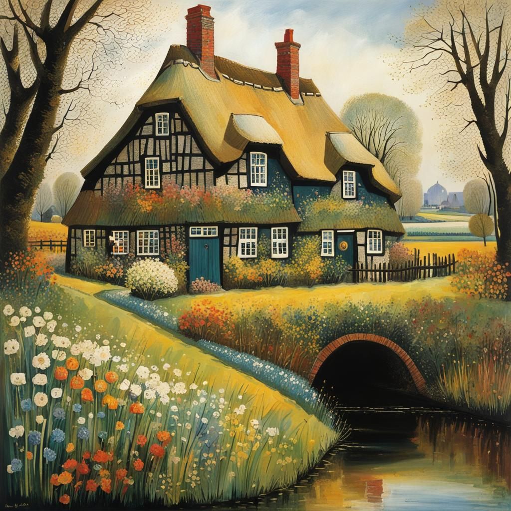 Charming Thatched House with Spring Garden, Abstract Impress...