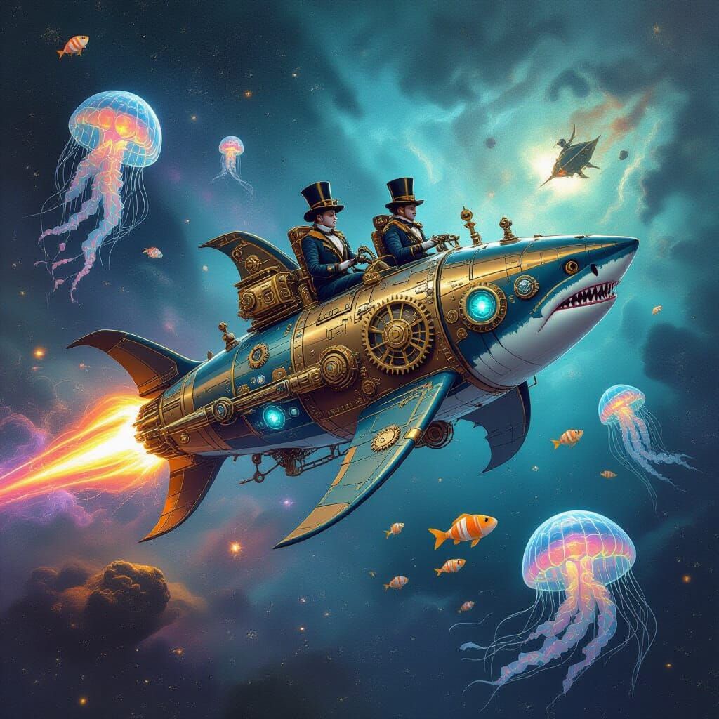 Steampunk Hammerhead Starship Soaring Through a Nebula