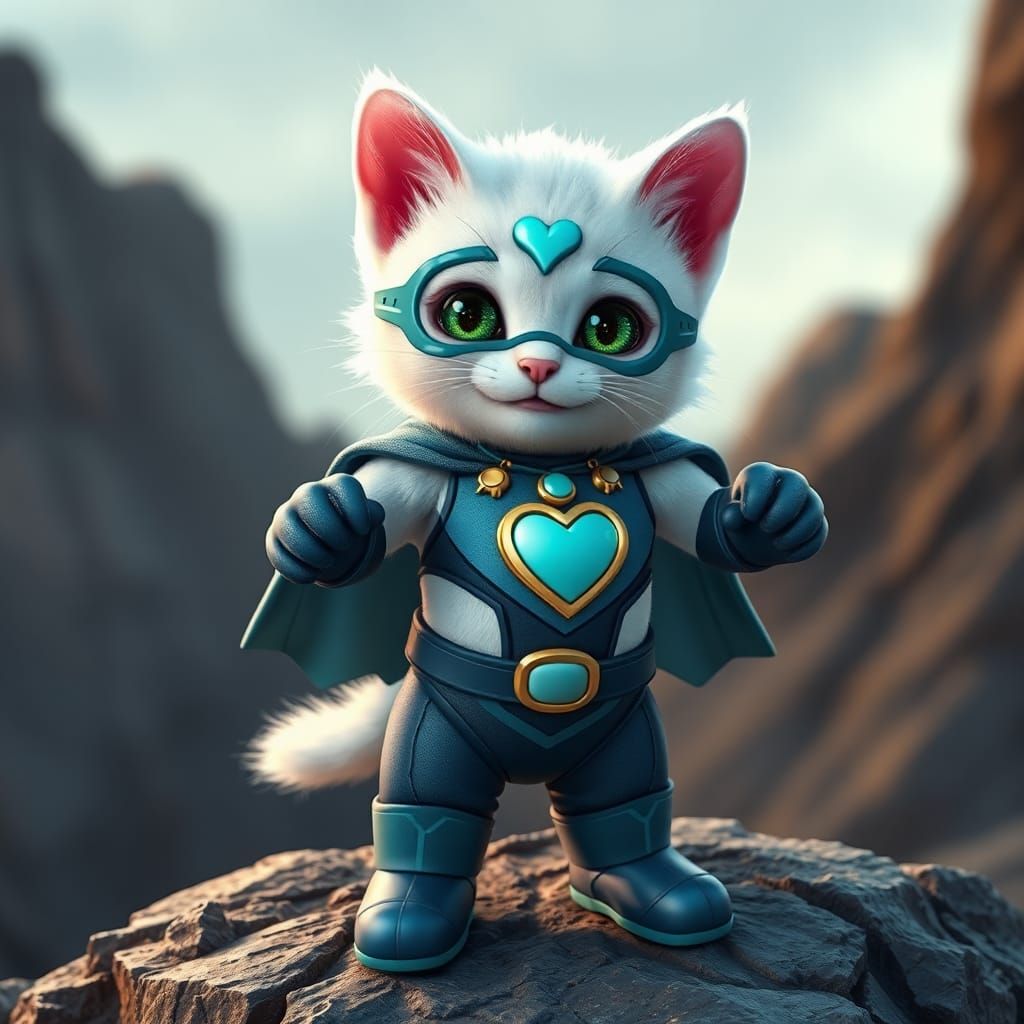 Superhero Kitten on Rock in Fantasy Art Style