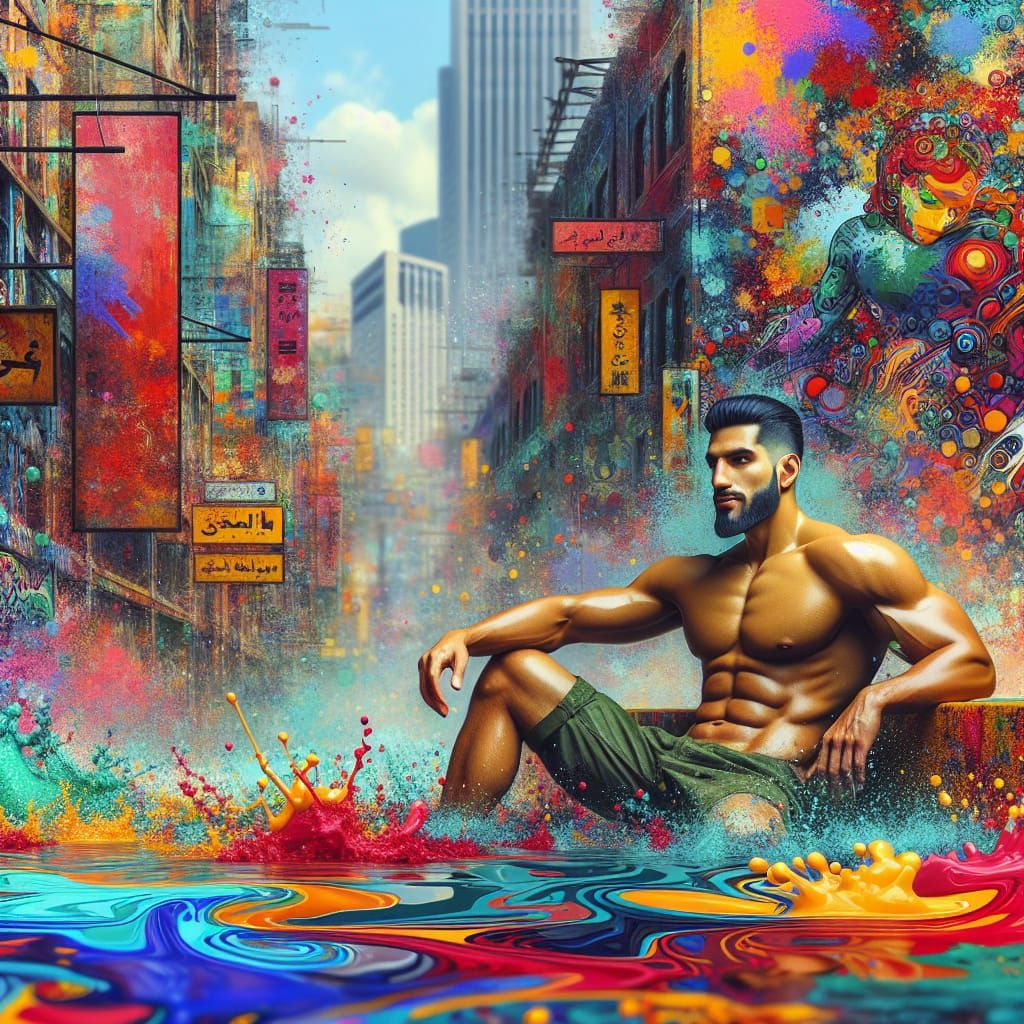 Middle Eastern Man Lounging in Polychromatic Pool