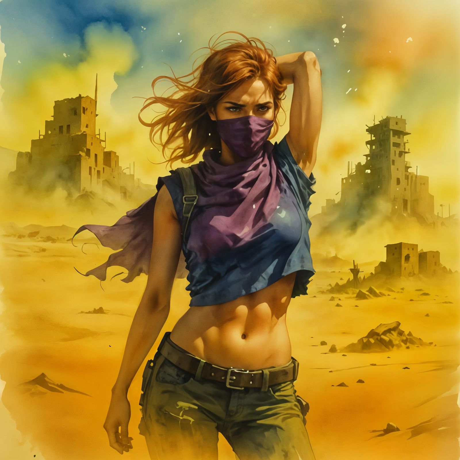 Radioactive Wasteland Sandstorm in Watercolor Comic Style