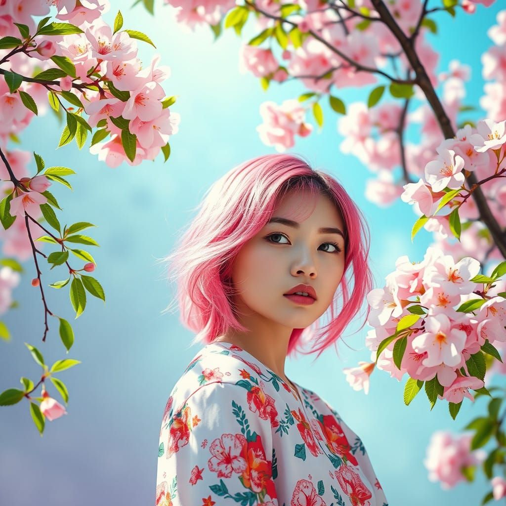 A Dreamlike Japanese Goddess Awakens Amidst Whimsical Cherry...