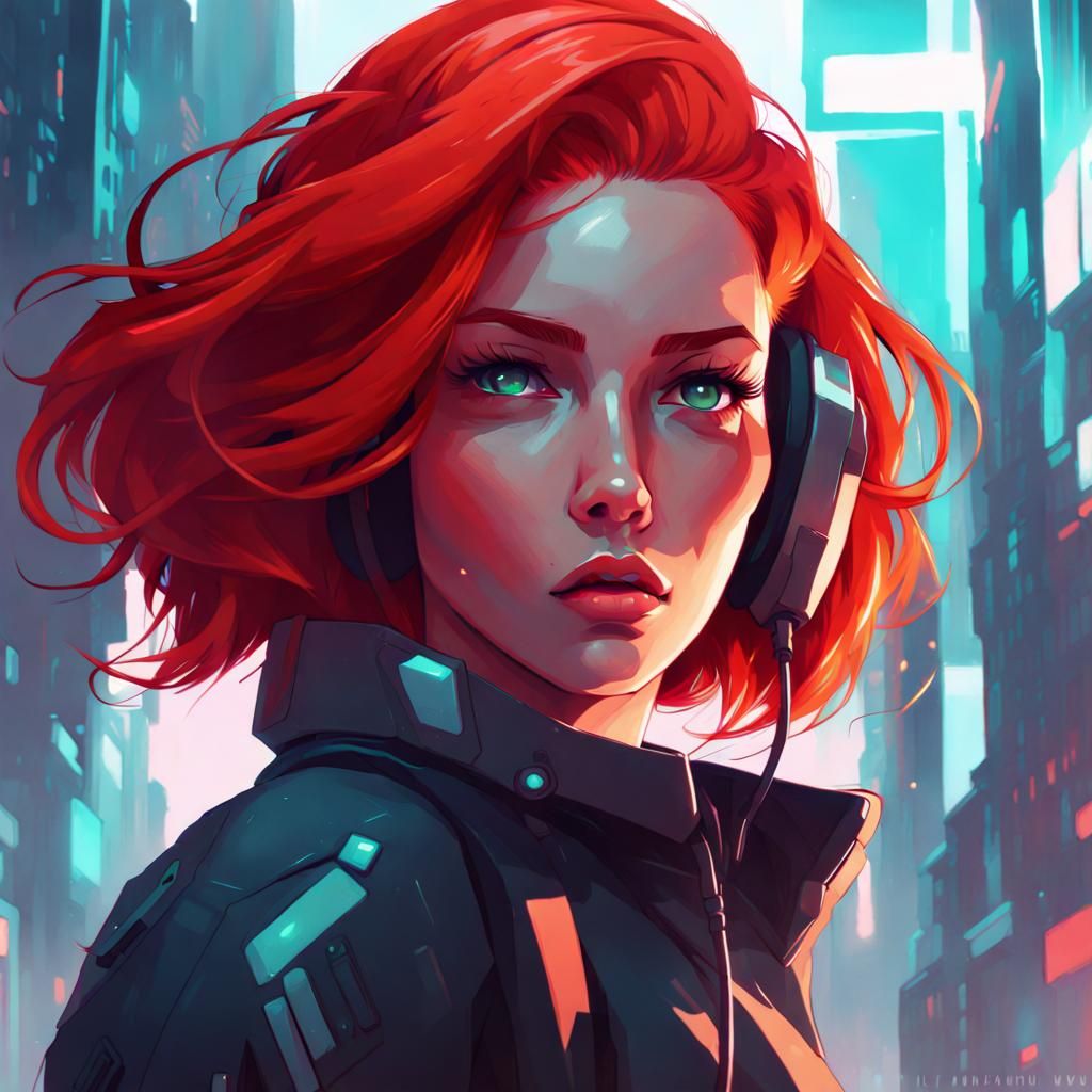 Cosmic Cyberpunk Red-Haired Woman Digital Illustration
