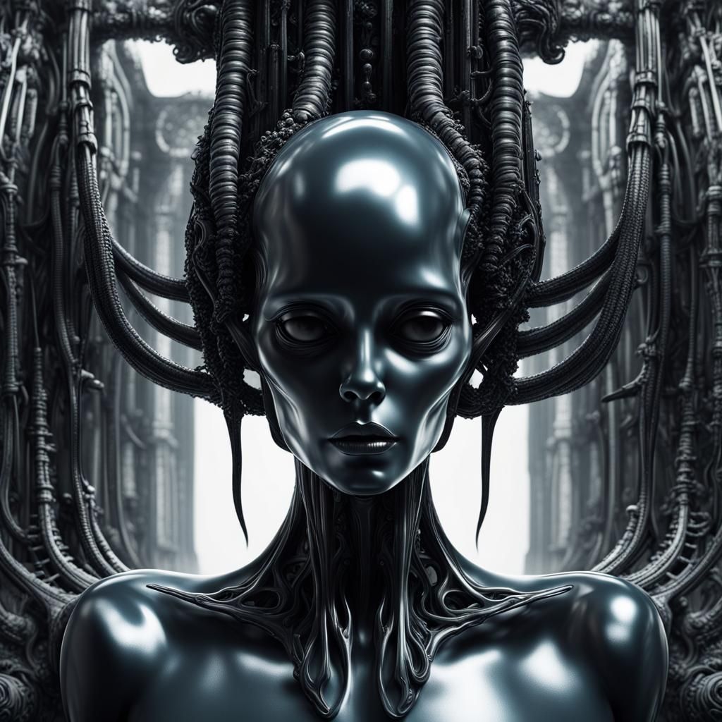 Dark Alien Portrait in Giger Style with Sci-Fi Elements