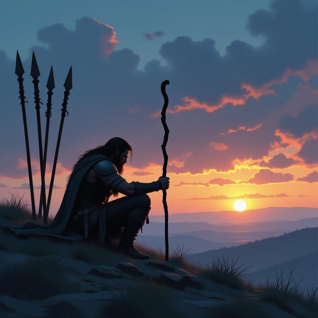 Weary Warrior Guards Past Battles at Twilight