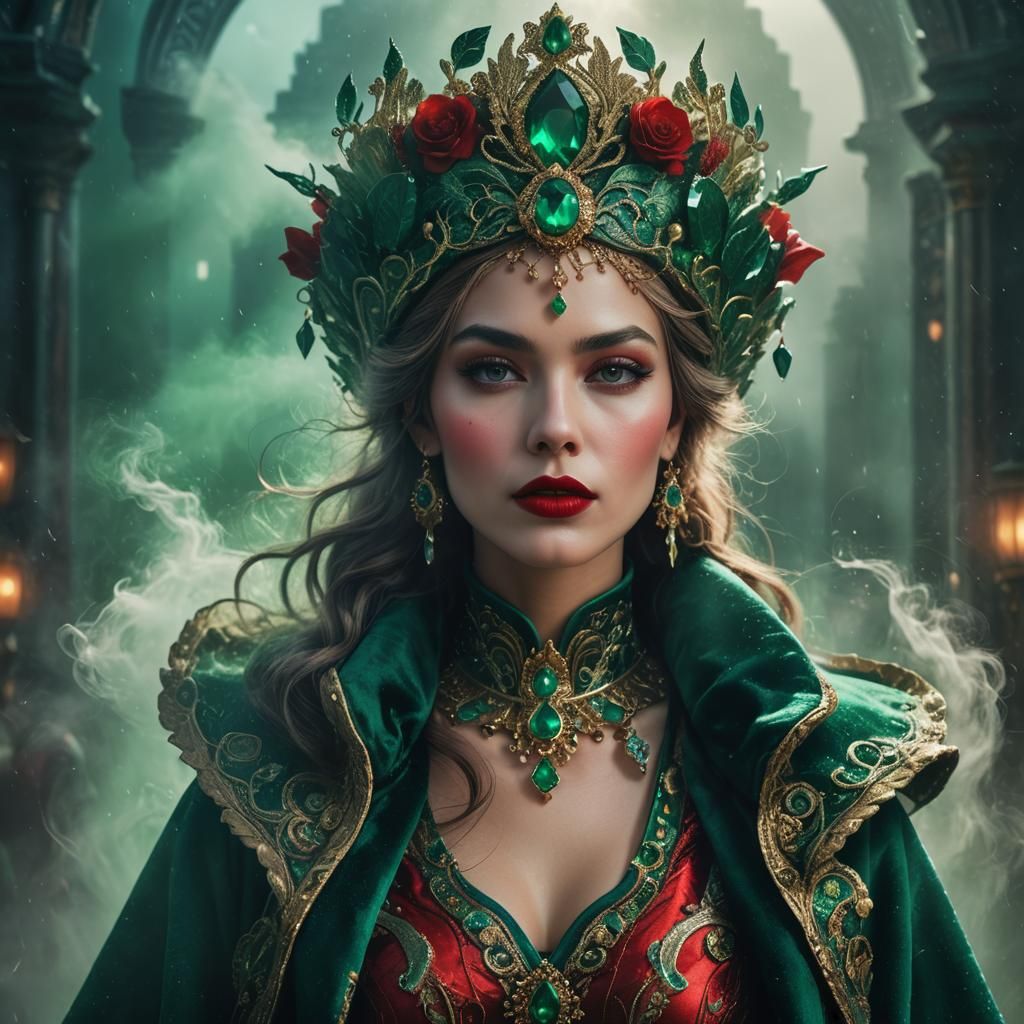 Mysterious Woman with Red Lipstick in Emerald Mist