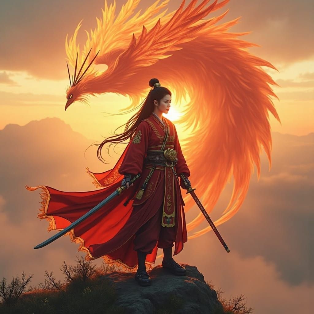 Samurai Woman with Phoenix at Sunset, as Matte Painting