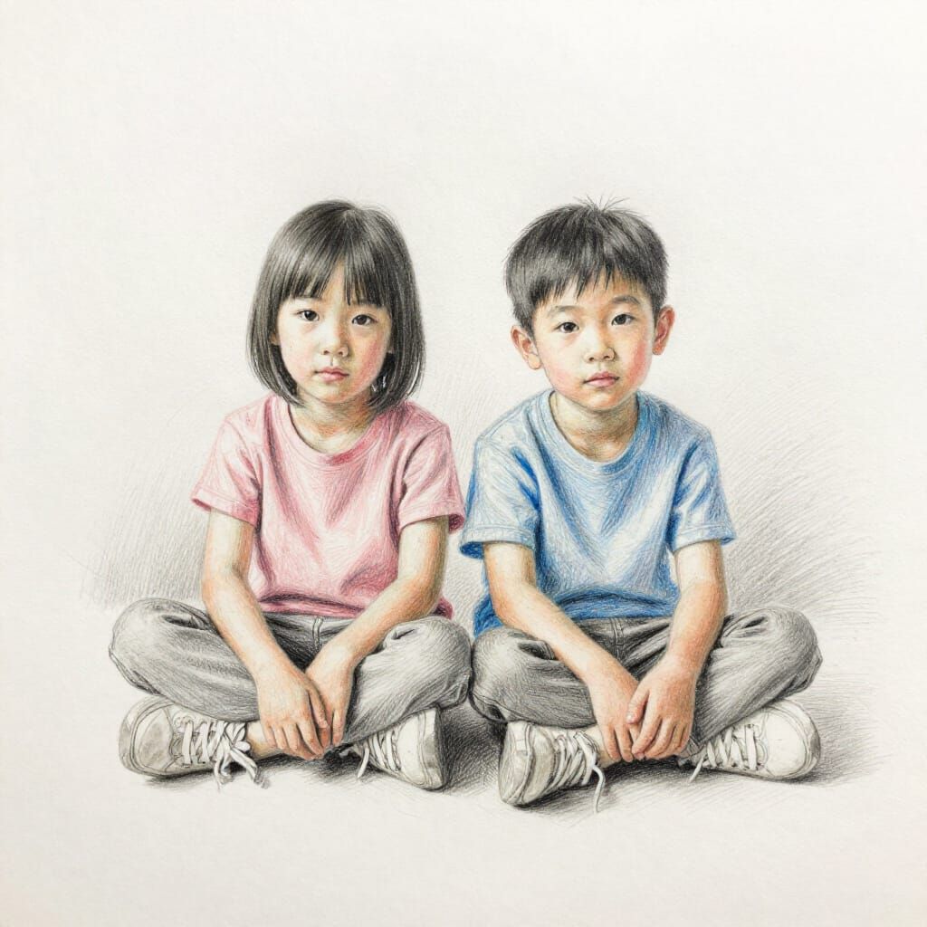 Mixed-Media Drawing of Two Children in Graphite and Color
