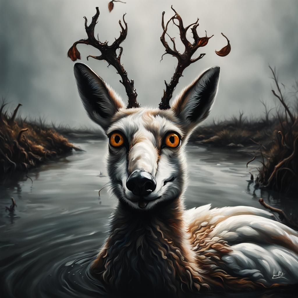 Surreal Swan Kills Fox in River, Dali Style