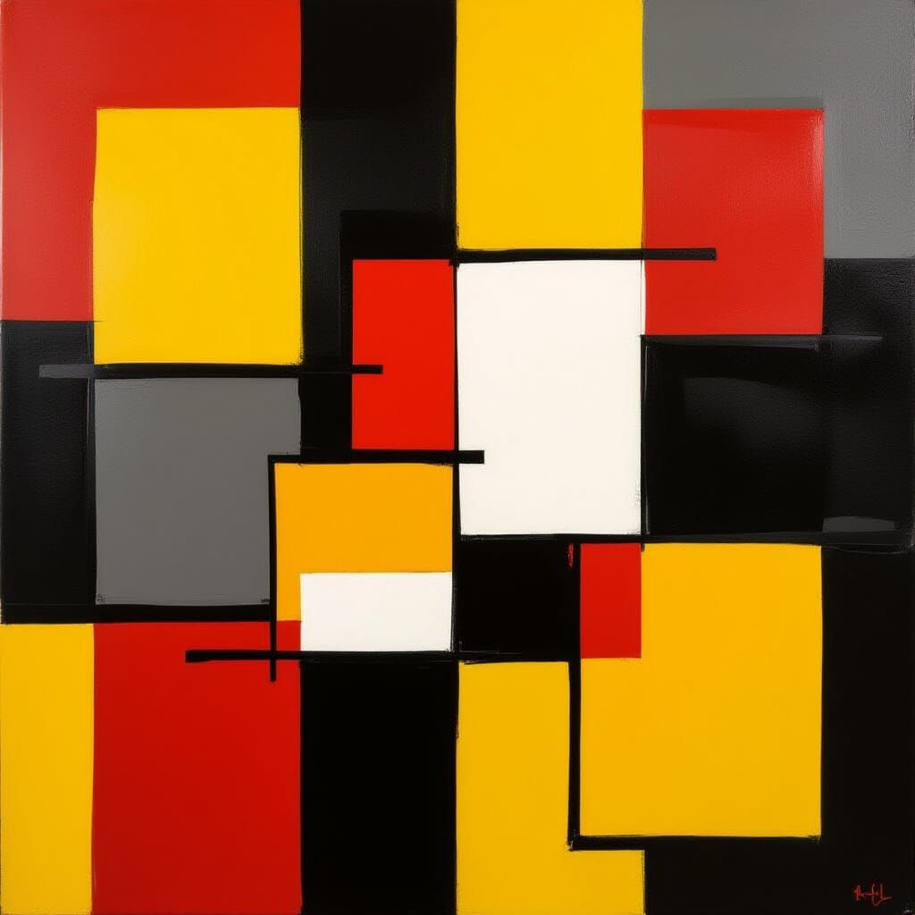 Abstract Geometric Squares Painting in Red, Yellow, Grey, Bl...