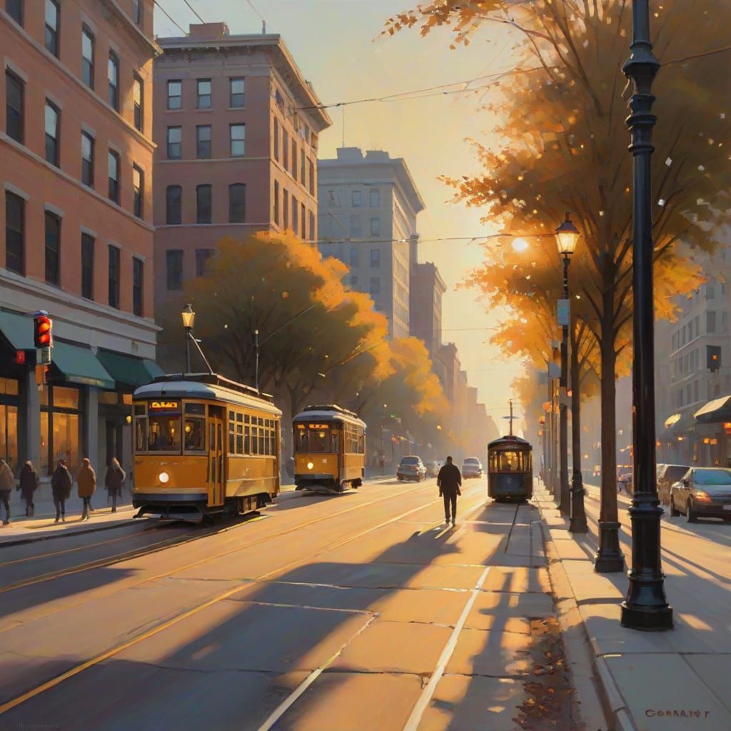 Twilight City Street in Warm Impressionist Style