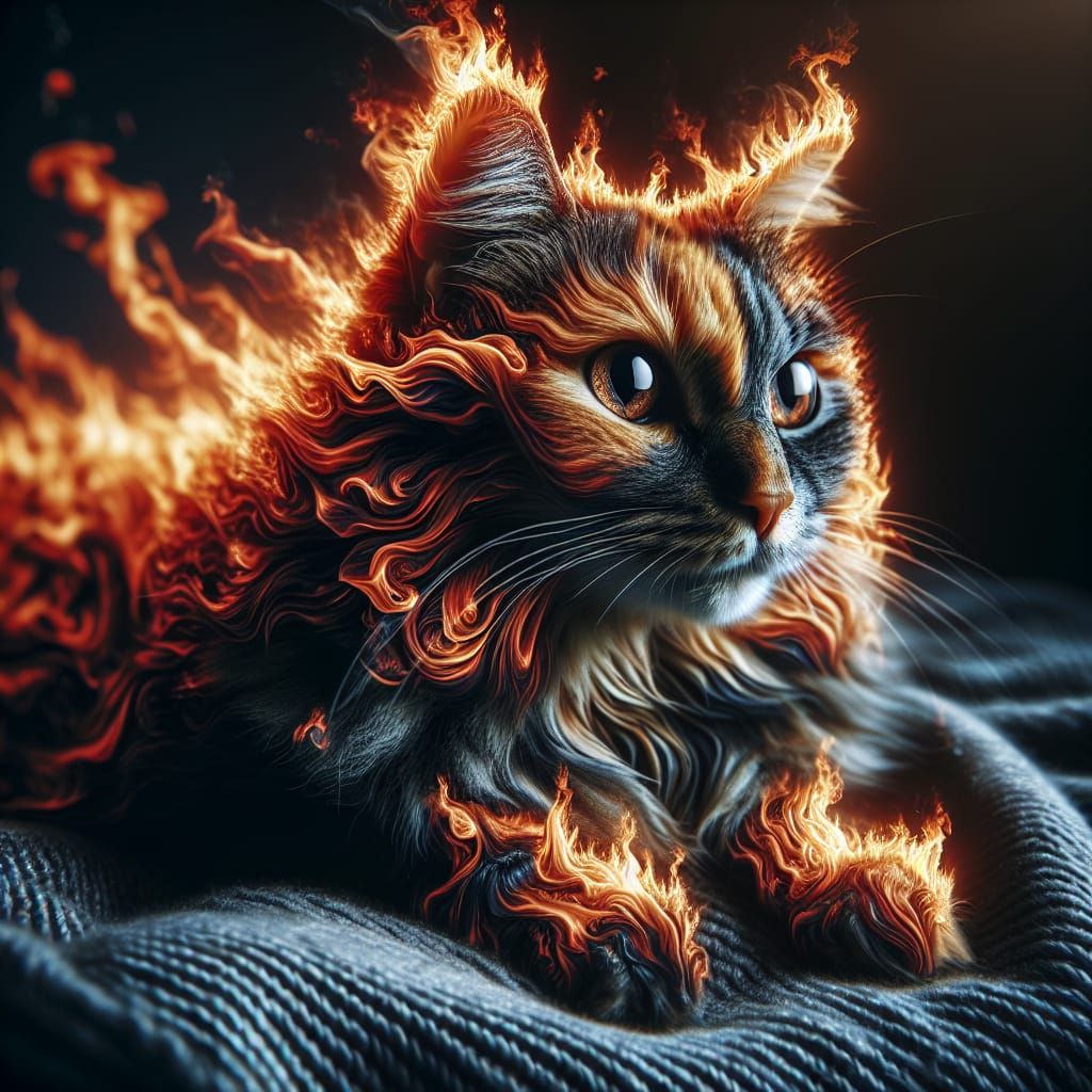Hyperrealistic Cat Made of Flames in HDR
