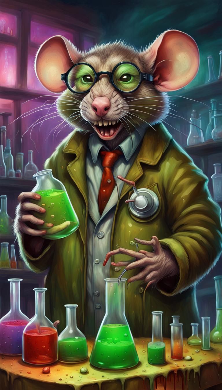 Evil Rat Scientist in Rainbow Lab, Ultrarealistic Painting