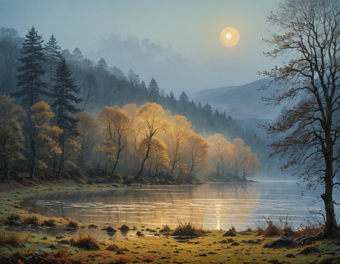 Misty Lake at Dawn: Ethereal Impressionist Landscape